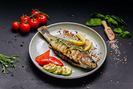 Grilled whole fish with vegetables and lemon served on elegant restaurant plateの写真素材
