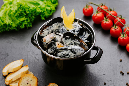 Mussels in creamy sauce with lemon served in black pot seafood dishの写真素材