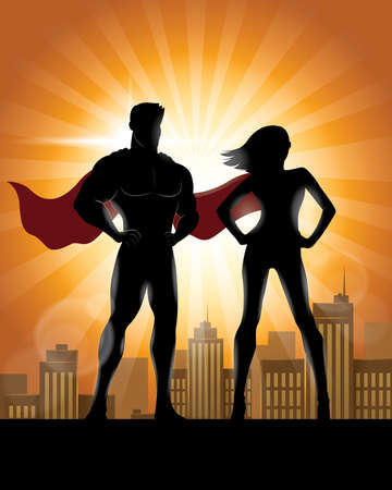 Superhero Couple Silhouette with City Skyline Backgroundのイラスト素材