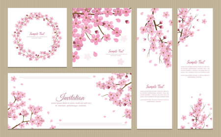 Set of greeting cards, banners and invitation card with blossom sakura flowersのイラスト素材