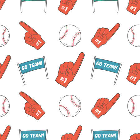 Baseball Seamless Pattern. Foam Hand, Flags, and Ball Patternのイラスト素材