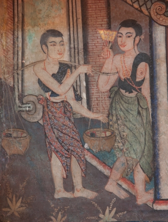Mural painting wall telling about people lifestyle in the ancient aged, Wat Pra Singh, Chiangmai Thailandのeditorial素材