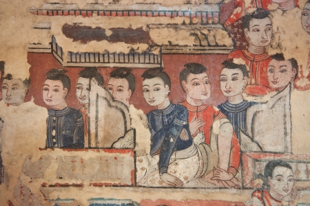 Mural painting wall telling about people lifestyle in the ancient aged, Wat Pra Singh, Chiangmai Thailandのeditorial素材