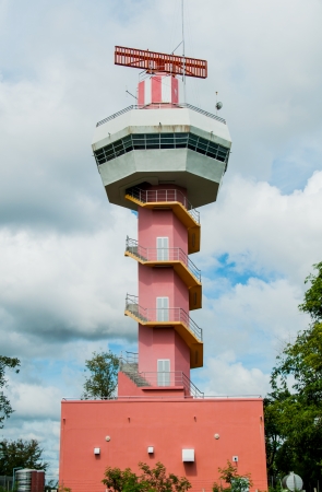 Radar tower against blue sky の写真素材
