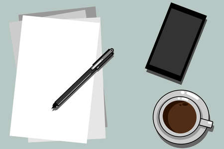 Blank note paper with pen Top view of office working desk with smartphone, coffee background. Creative business desk concept.のイラスト素材
