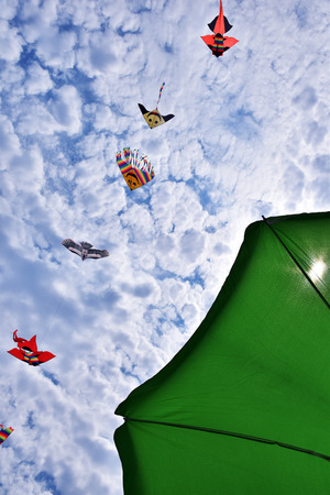 kites in the blue sky with white cloudsの写真素材