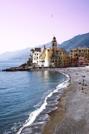 colorful sunset over Camogli village in Liguriaの写真素材