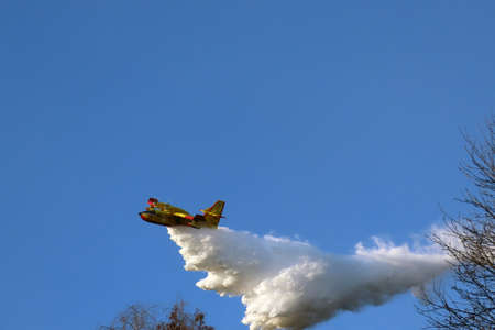 The canadair begins to drain the water to put out the forest fire.