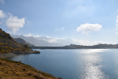 Lake Cignana, an artificial lake in Valtournenche, Aosta Valley, Italyの写真素材