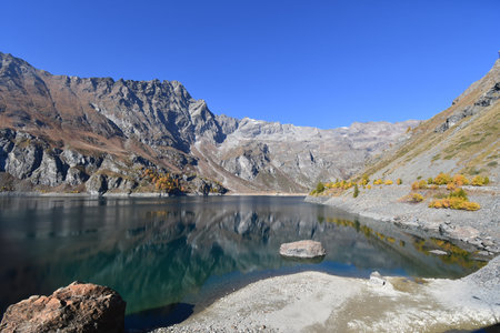 Lake Cignana, an artificial lake in Valtournenche, Aosta Valley, Italyの写真素材