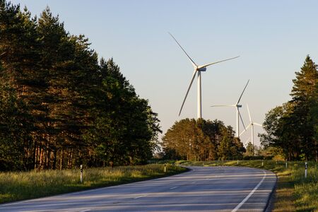 The road goes far beyond the forest and windmills. Alternative energy.
