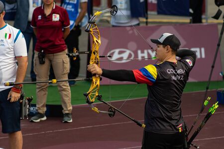 Moscow, Russia, September 07, 2019. MOSCOW HYUNDAI ARCHERY WORLD CUP, men from different countries compete in archery. Athlete from Colombia.のeditorial素材