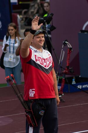 Moscow, Russia, September 07, 2019. MOSCOW HYUNDAI ARCHERY WORLD CUP, men from different countries...