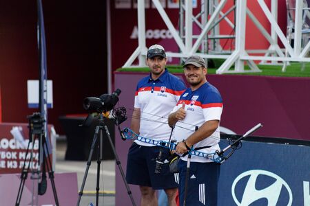 Moscow, Russia, September 07, 2019. MOSCOW HYUNDAI ARCHERY WORLD CUP, men from different countries compete in archery. Athletes from Slovakiaのeditorial素材