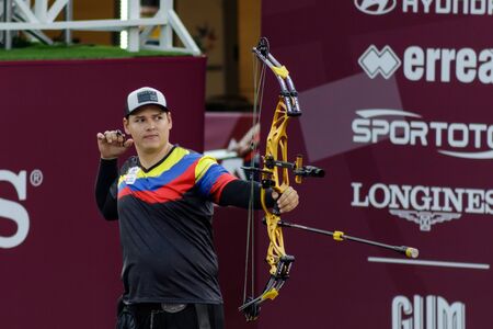 Moscow, Russia, 07 September 2019. Moscow stage of the world Cup in archery, men from different countries compete in archery. Athlete from Colombia.のeditorial素材