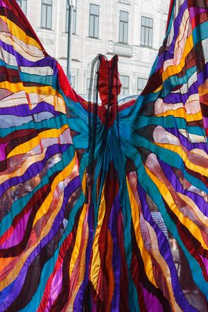 Moscow, Russia, 09.09.2019. Theatrical performance in the city center. Moscow celebrates City Day. The procession of a group of artists on stilts.のeditorial素材