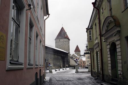 Tallinn, Estonia, 02.06.2019. Streets of Old Tallinn in winter. The capital of Estonia is famous for its historic walls and cobbled streets, which are a world heritage siteのeditorial素材