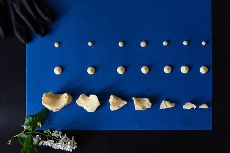 Top view of pieces of white milk chocolate spread out on a blue and black background and a sprig of...
