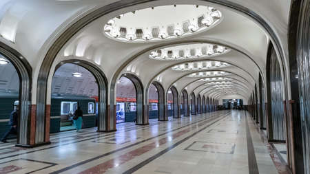 Russia, Moscow, May 26, 2019: Interior of the metro station. The subway station Mayakovskaya was opened in 1938. This is one of the most famous metro stations in the world.のeditorial素材