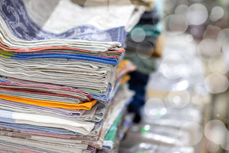 Stack of colorful linen towels, copy space for text.の写真素材