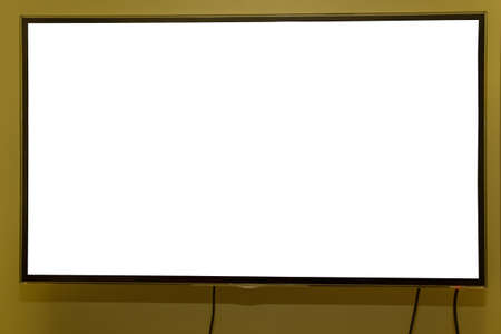 Television on yellow wall, flat screen TV, blank HD monitor mockup, modern black flat screen video...
