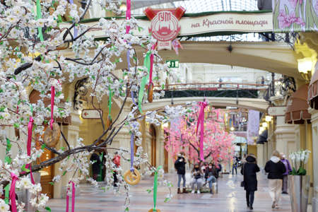 Moscow, Russia 03.03.2021. Russian religious holiday Maslenitsa. The GUM shopping center on Red Square is decorated for the spring holidays.のeditorial素材