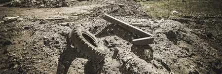 Garbage dump. Landfill of concrete, brick, debris, paper, dust, degradation Non-biodegradable, polluting and creating problems in storage areas.の写真素材
