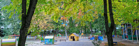 Empty children's playground. Equipment for outdoor games for children. Preschool education. Children sports and recreation conceptの写真素材