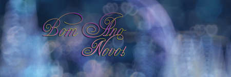 Happy New Year greetings in Brazilian language. Bom Ano Novo text on blue background with defocused...