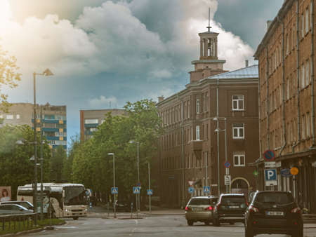 NARVA, ESTONIA - May 28, 2022. residential blocks in the Estonian city of Narva. The central city street of Narva.のeditorial素材