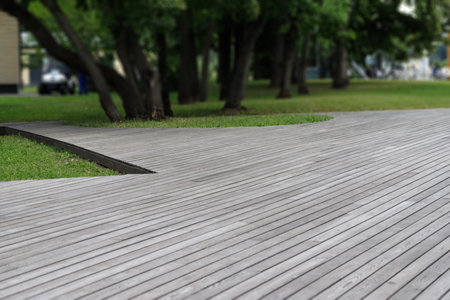 Wooden pavement deck, empty wooden floor in the park