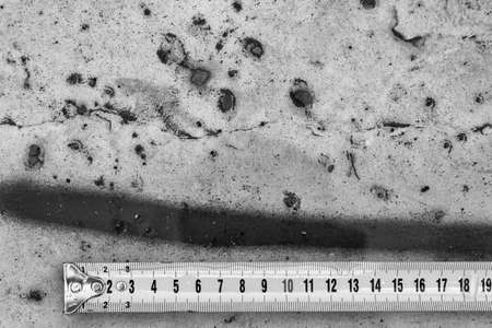 Measuring ruler on a concrete wall texture. The concept of renovation, repair or construction.の写真素材