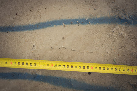 Measuring ruler on a concrete wall texture. The concept of renovation, repair or construction.