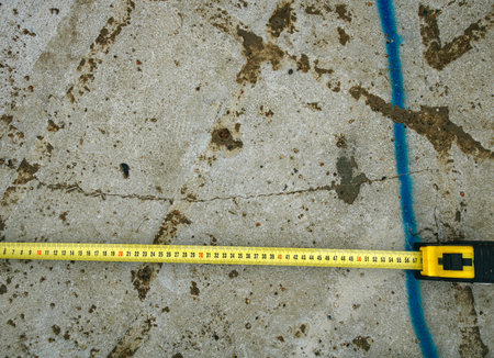 Measuring ruler on a concrete wall texture. The concept of renovation, repair or construction.の写真素材