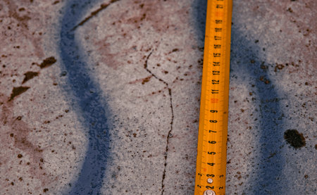 Measuring ruler on a concrete wall texture. The concept of renovation, repair or construction.の写真素材