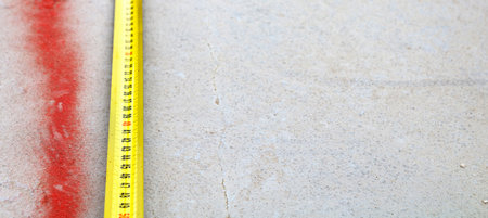 Measuring ruler on a concrete wall texture. The concept of renovation, repair or construction.の写真素材