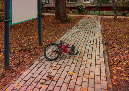 The bicycle lies on the path in the city yard. Decorations from trees with autumn leaves. golden leaves in sunlight. Autumn in the city concept.の写真素材
