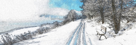 Road Among Snow Covered Trees In The Winter Forest. Winter Forest Landscape. digital painting.の写真素材