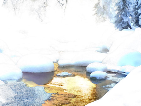 Fabulous firs among snowdrifts on the river bank. winter landscape. digital painting.の写真素材