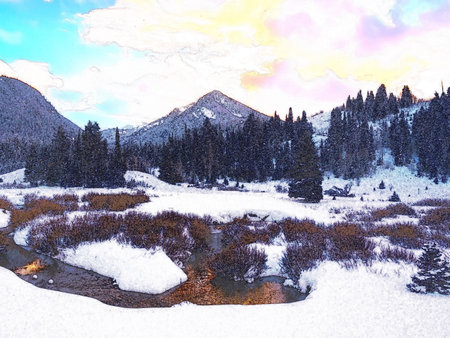 A Magical Painting Of A Snowy Landscape With Trees, Sensational Wallpaper Background. Book Cover Or Game Digital Concept Art Illustration.の写真素材