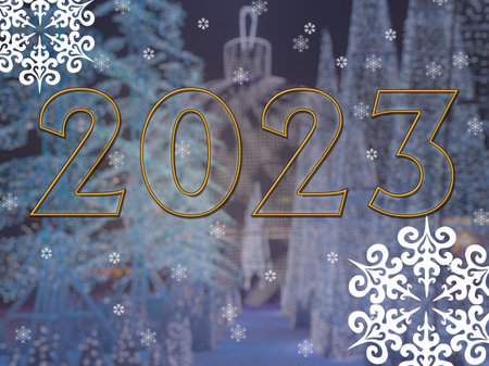 Happy new year 2023. Number with gold stroke on christmas colorful blurred background.の写真素材