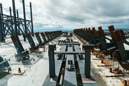 construction site background. industrial background. Building construction site work against blue skyの写真素材