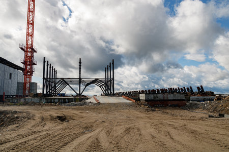 construction site background. industrial background. Building construction site work against blue skyの写真素材