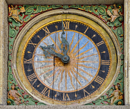 Famous old clock of the Church of the Holy Spirit, Tallinn, Estoniaの写真素材