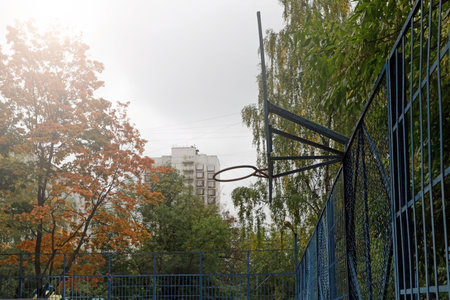 Basketball hoop with autumn leaves. Empty outdoor basket basketball court in autumnの写真素材