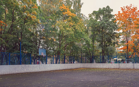 An empty sunlit basketball court in a city park on a fall day. Sports, lifestyle, leisure concept