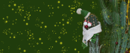 Cactus wearing Santa hat and Christmas light with gold Christmas ornaments. Christmas in tropical climate conceptの写真素材