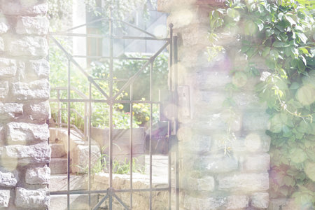 entrance to a garden. Gate Lock of Fence Door.の写真素材