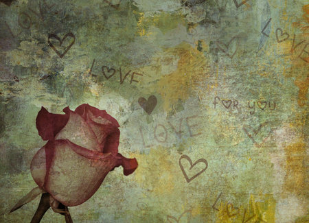Rosebud on grunge background. Vintage rose. Romantic luxury background or wallpaper. Design for print on shirt, poster, banner. Valentine's day greeting card.の写真素材