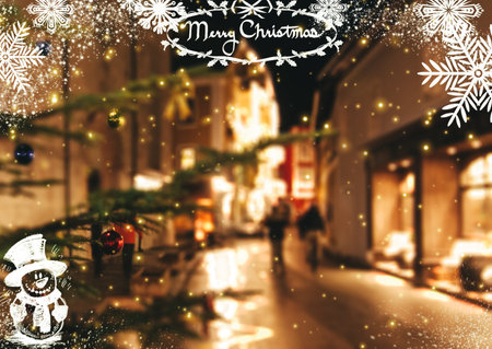 Blurred city with christmas lights at night. New Year bokeh background. Urban night scene with defocused city lights, buildings and people. Design. Concept backdropの写真素材